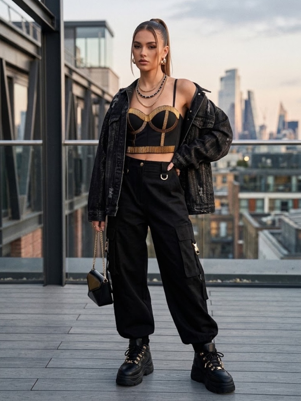 Fashion Nova Black Bustier Crop Top with Gold Trim